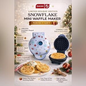 Dash Snowflake Mini Waffle Maker 4” Nonstick Holiday Edition New 350W Light Blue